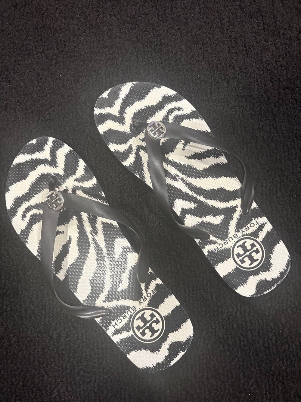 Tory Burch Black and White Zebra-Print Flip Flops